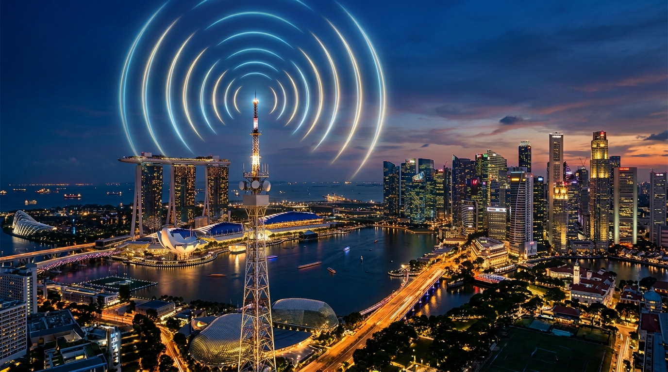 Telecommunication tower broadcasting signals over illuminated cityscape at dusk